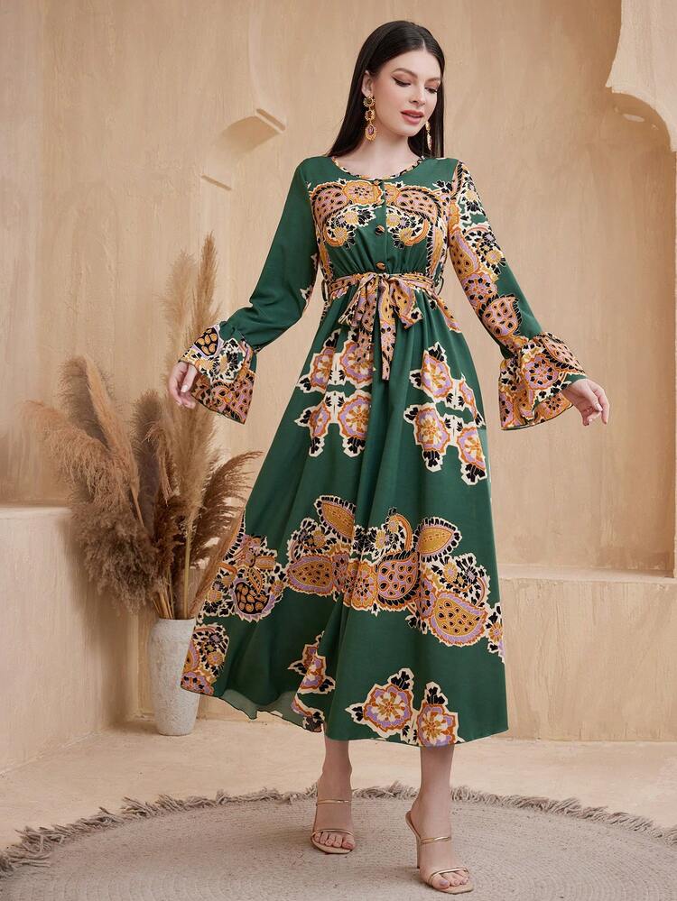Women's Bell Sleeve A-Line Dress With Cashew Flower Print
