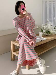 DAZY 女式条纹落肩宽松连衣裙、休闲女装、返校服、秋季连衣裙、长袖连衣裙 - 粉色 - 查看 6