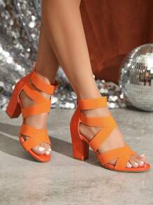 女式粗跟十字紋合金彈力羅馬涼鞋,高跟款式