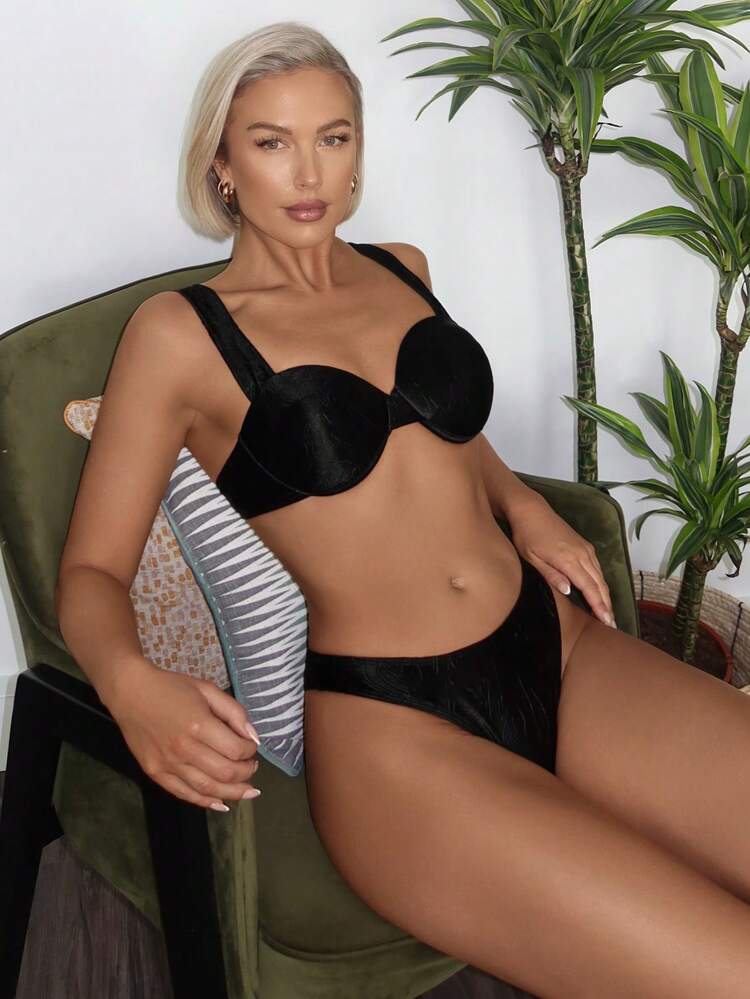 Solid Color Textured Bikini Set, Bikini Set Outfit Beach Swimwear Bathing Suit Summer Beach