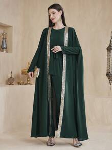 Al Najma Women's Shiny Sequin & Woven Belt Patchwork Jacket And Solid Jumpsuit Set