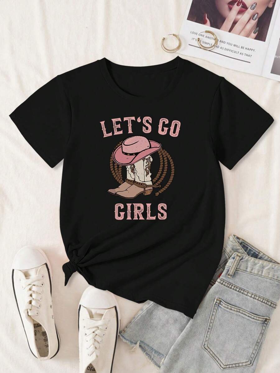 SHEIN Unity Cowboy Boots Printed T-Shirt, Western Style Graphic Tees Women Tops - Black - View 1