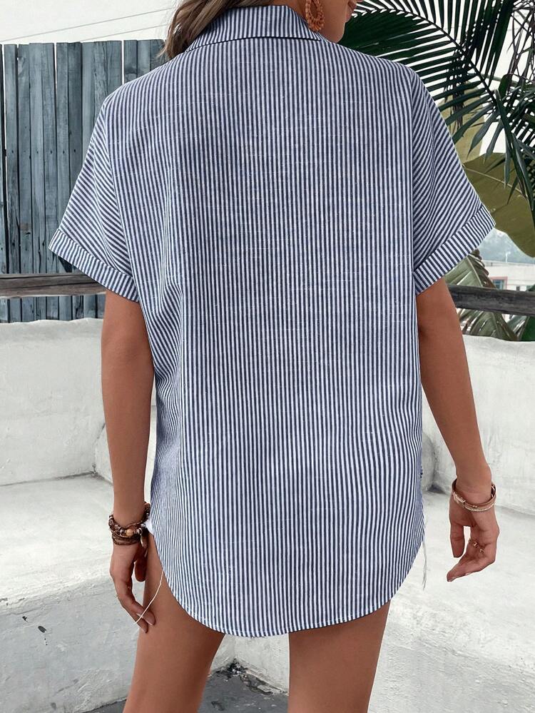 Striped Button Front Tie Hem Short Sleeve Shirt