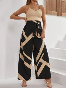 SHEIN 孕妇纯色背心和几何印花阔腿裤两件套 - 卡其色 - 查看 1