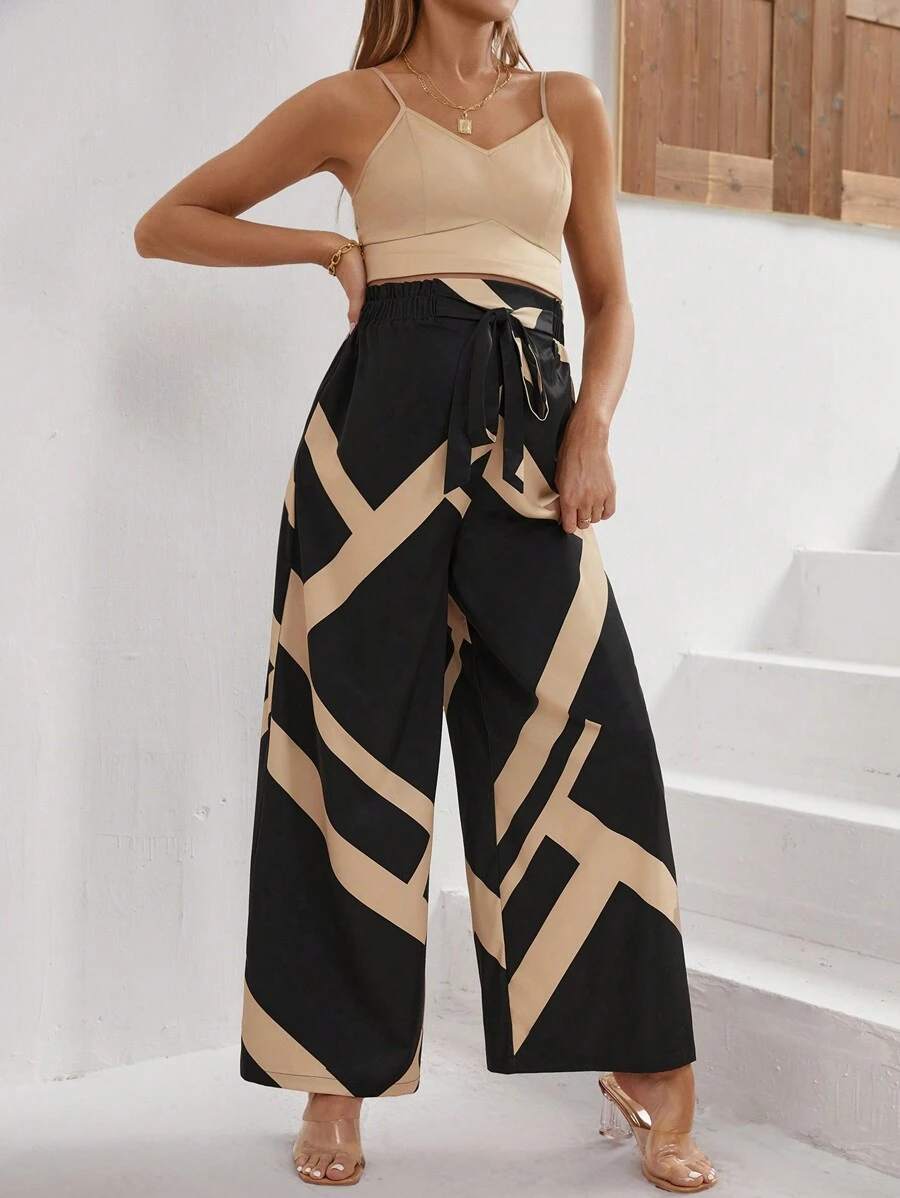 SHEIN 孕妇纯色背心和几何印花阔腿裤两件套 - 卡其色 - 查看 1