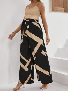 SHEIN 孕妇纯色背心和几何印花阔腿裤两件套 - 卡其色 - 查看 3