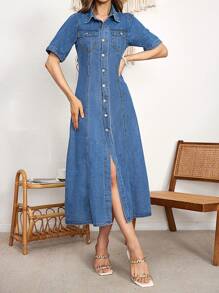 Breezaya Women's Button Front Denim Shirt Dress