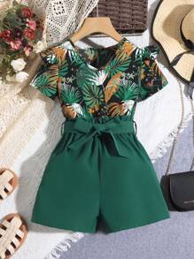 Top De Manga Curta Estampado Tropical E Shorts De Cor Sólida Para Adolescentes - Verde Escuro - Visão 1