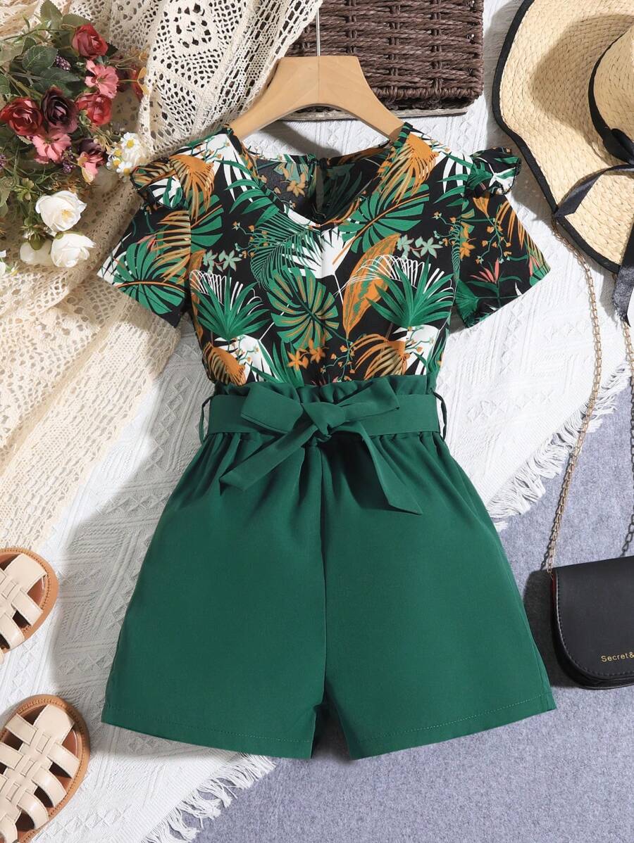 Top De Manga Curta Estampado Tropical E Shorts De Cor Sólida Para Adolescentes - Verde Escuro - Visão 1