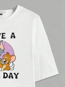 TOM & JERRY X SHEIN 加上卡通和字母图案夏季 T 恤，祝您有美好的一天 - 白色 - 查看 3