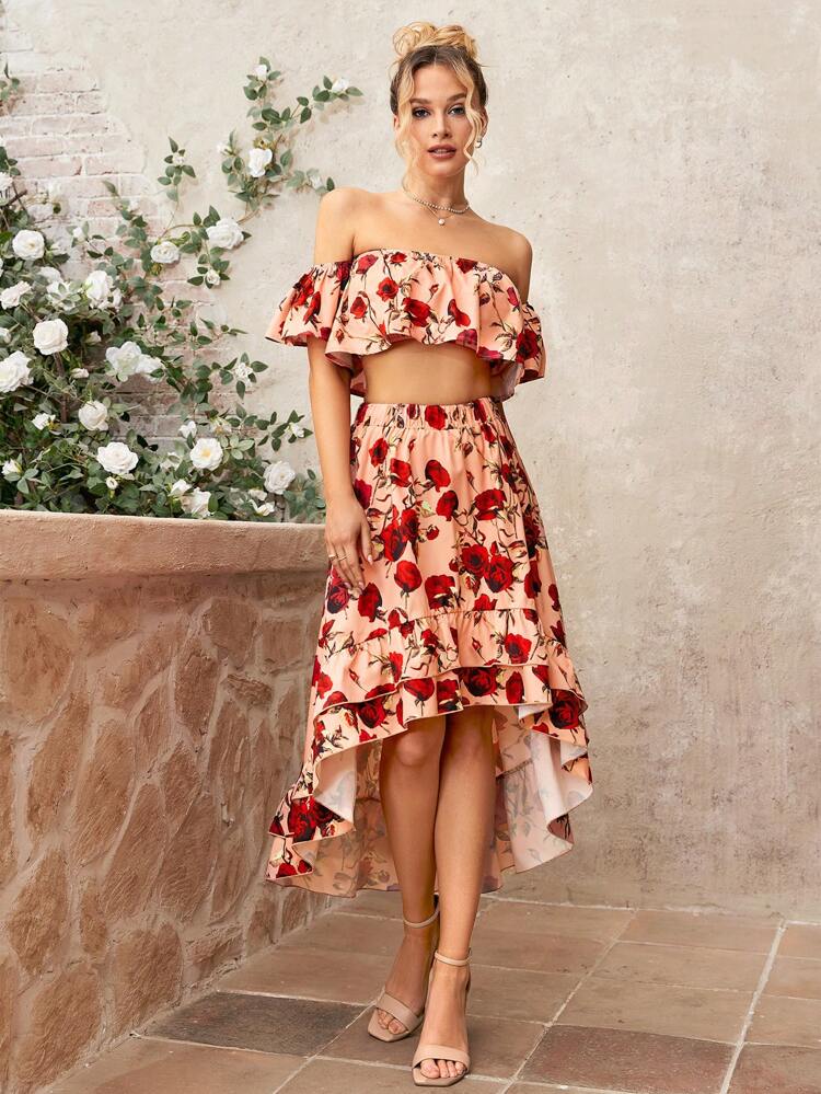 Floral Print Off-Shoulder Top And Ruffled Hem Skirt Set