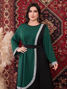 Al Najma 大尺碼女士拼色長袖圓領阿拉伯長袍連衣裙