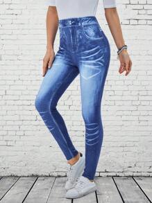 EMERY ROSE 女性高腰印花仿牛仔打底褲 - 彩色 - 查看 1