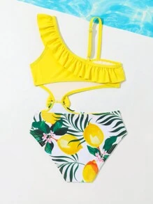 SHEIN Traje De Baño De Una Pieza Para Niña Con Estampado De Frutas Y Plantas, Diseño Hueco Y Empalmado, Ribete De Volantes De Colores En Contraste