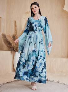 Al Najma Floral Printed Round Neck Bell Sleeve Kaftan - Blue - View 1