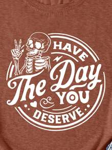 INAWLY Plus Size Women's Skull Printed Round Neck Short Sleeve Summer T-Shirt With Slogan, HAVE The Day YOU DESERVE