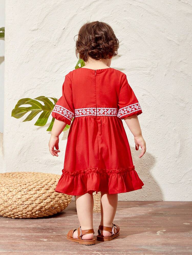 Baby Girls' Summer Vacation Patchwork Tassel & Printed Ruffle Edge Hem Mid Sleeve Dress