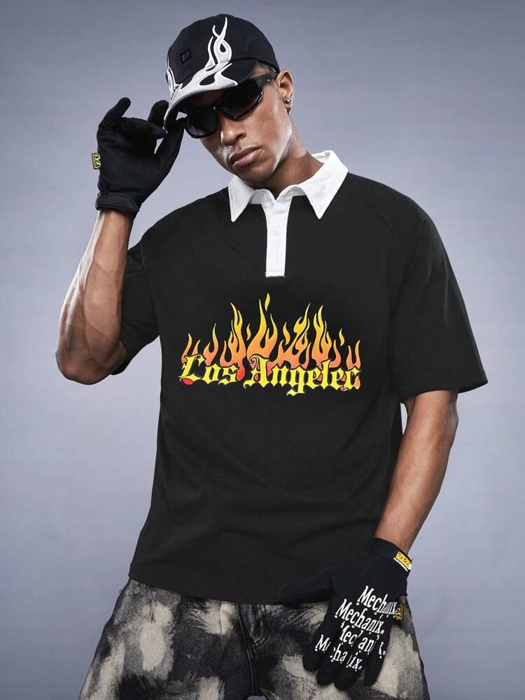Men's Loose Spark & Text Printed Short Sleeve Knit Casual Polo Shirt