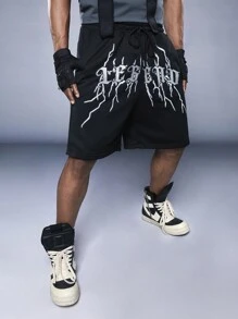 Manfinity VCAY Nam Eo đàn hồi Lá thư In Quần short dây kéo - màu đen - Xem 3