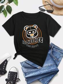 Teen Girls' Cartoon Letter Print T-Shirt - Black - View 1