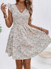 SHEIN Frenchy Floral Print V-Neck Bridgerton  Dress With Ruffled Hem And Belted Waist Detail - Multicolor - View 4
