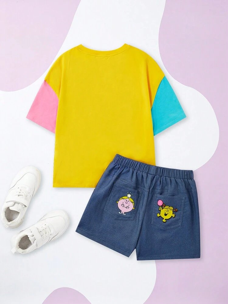 Tween Girl Cartoon Letter Printing Color-Block T-Shirt And Shorts Set