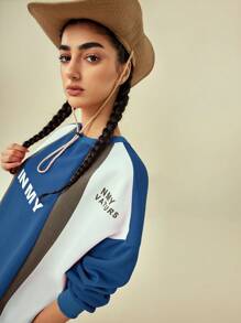 In My Nature Women's Letter Print & Contrast Color Round Neck Outdoor Sweatshirt - Blue - View 5