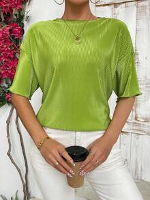 SHEIN Essnce Của phụ nữ Đứng cổ áo Ống tay áo Thả vai Ngắn tay Áo thun - màu xanh lá - Xem 4