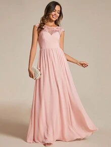 EVERPRETTY Rochie de domnișoară de onoare cu volană din șifon, broderie florală contrastantă - Roz - Vizualizare 3