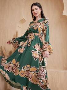Seusyu Women's Bell Sleeve A-Line Dress With Cashew Flower Print - Multicolor - View 1