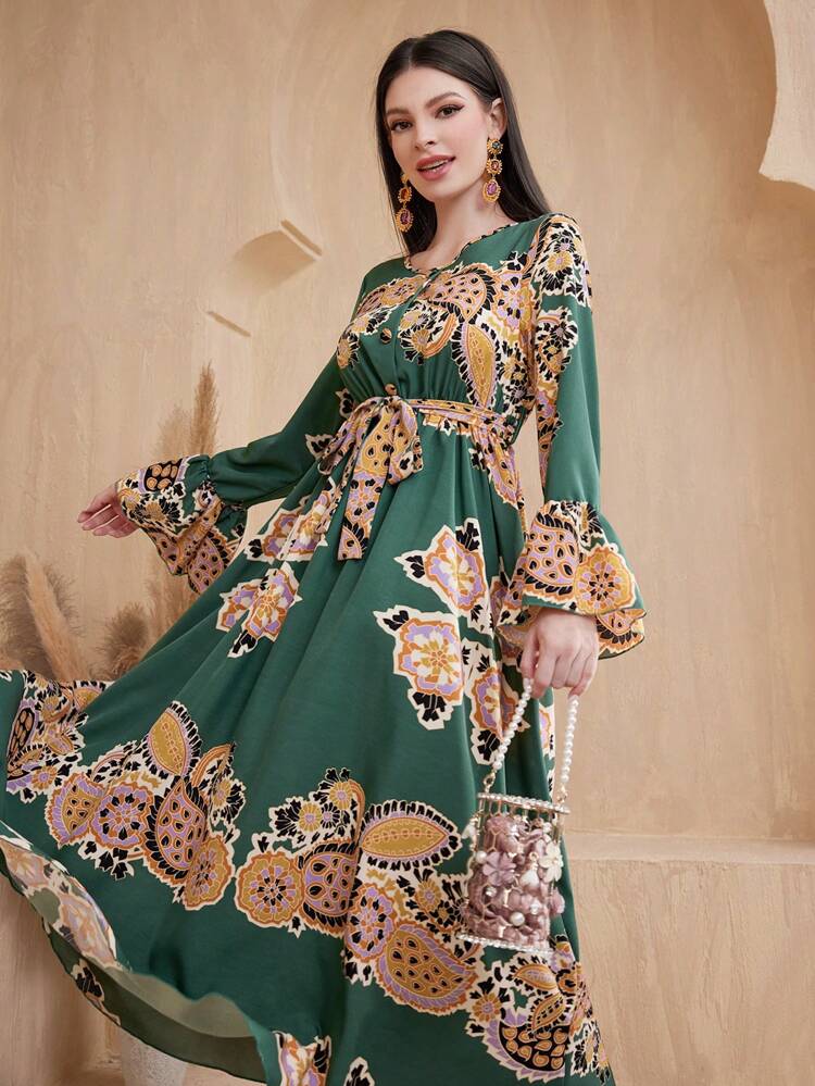 Women's Bell Sleeve A-Line Dress With Cashew Flower Print