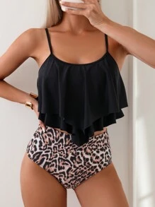 Swim Lushoire 2 pezzi Costume da bagno tankini per donne, con top a volant e parte inferiore con stampa leopardata in vita alta, set di bikini con spalline sottili