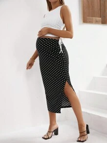 SHEIN Maternity Women's Solid Color Side Drawstring Tank Top And Polka Dot Split Hem Skirt Set