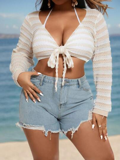 SHEIN Swim Curve 大码拼色条纹短款和服夏季