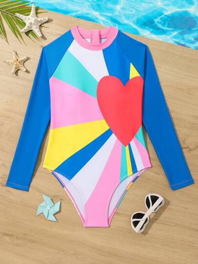 SHEIN Tween Girls' Color Block Heart Print One-Piece Swimsuit