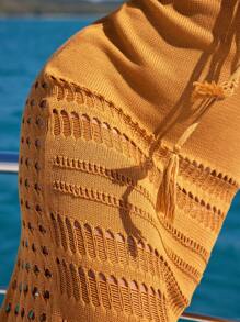 Zolique Anewsta 游艇度假风格性感镂空流苏系腰深 V 领修身卡其色女式连衣裙