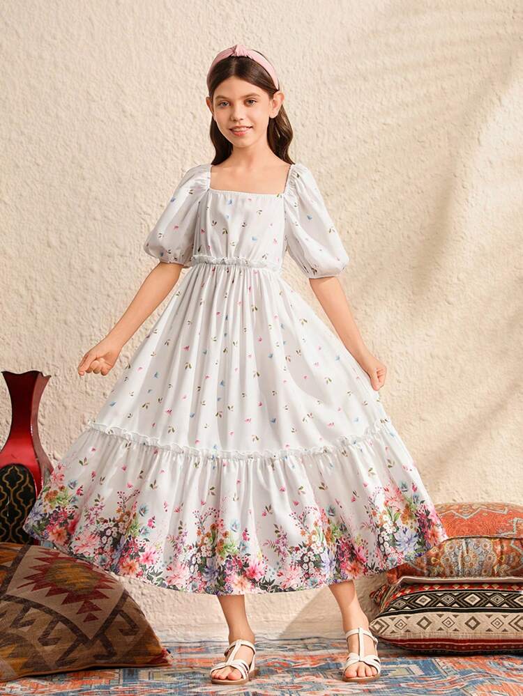 Tween Girl Printed Puff Sleeve Loose Fit Casual Dress With Square Neckline, Woven Fabric