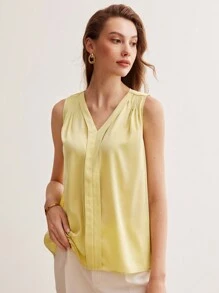 MOTF PREMIUM SILK V-NECK FOLD PLEATED SHOULDER SLEEVELESS BLOUSE