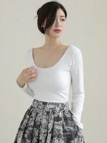 DAZY Camiseta de manga larga con cuello en V de unicolor para mujer, con volantes, ropa de otoño