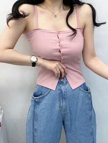 DAZY Của phụ nữ Màu thuần Thon gọn Mặt trước Nút Áo ba lỗ Áo - Hồng - Xem 4