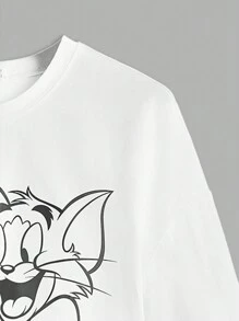 TOM & JERRY X SHEIN Cartoon And Letter Graphic Drop Shoulder Crop Tee Suitable For Going Out - White - View 3
