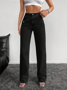 EURMUSE 100%Cotton Solid Button Detail Straight Leg Jeans - Black - View 3