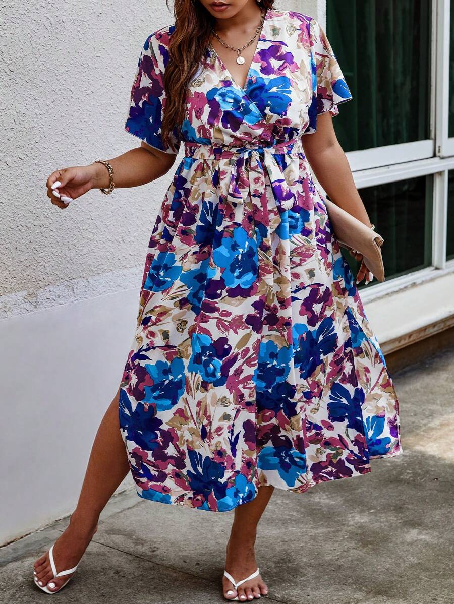 Flirla Plus Size Floral Print V-Neck Belted Dress Maxi Women Outfit For Summer