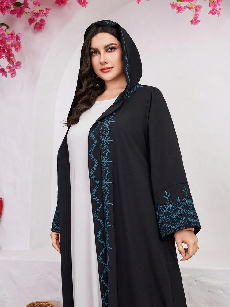 Plus Size Women's Arabic Style Hooded Clothing With Plant Embroidery Abayas