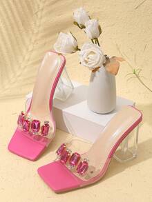時尚的鑲鑽裝飾透明pvc方頭高跟涼鞋,適合女性穿著 - 玫紅色 - 查看 2