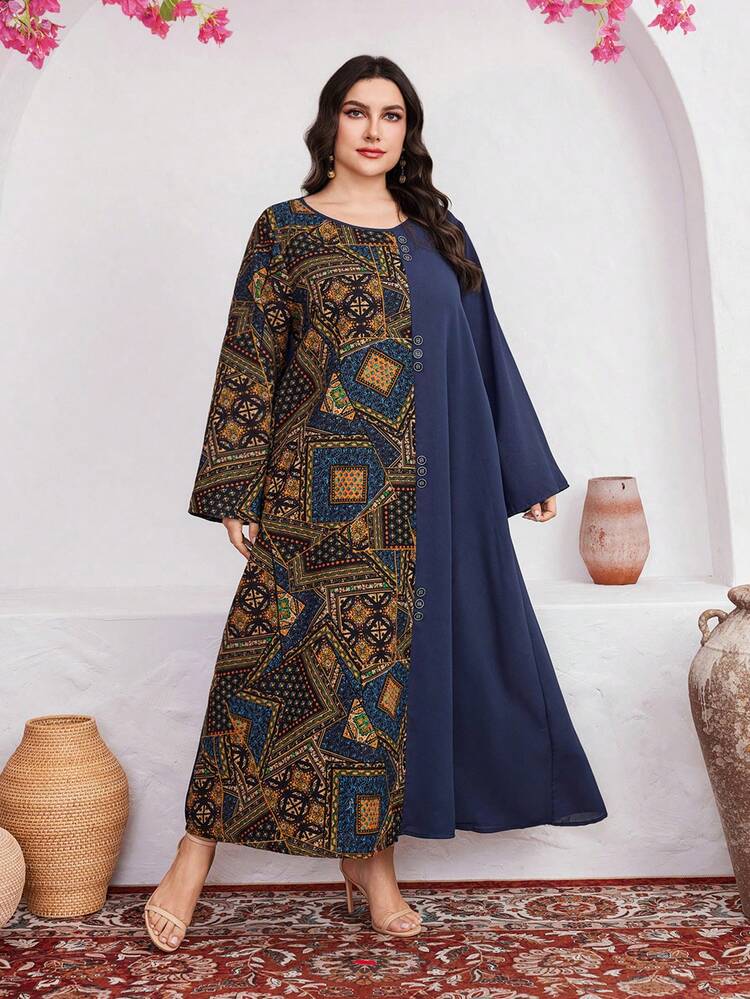 Plus Size Printed Patchwork Flare Sleeve Dress