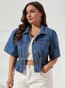 SHEIN VCAY Kích thước lớn Của phụ nữ Ngắn Ống tay áo Áo khoác denim Với Ruffled Hem - Rửa trung bình - Xem 6