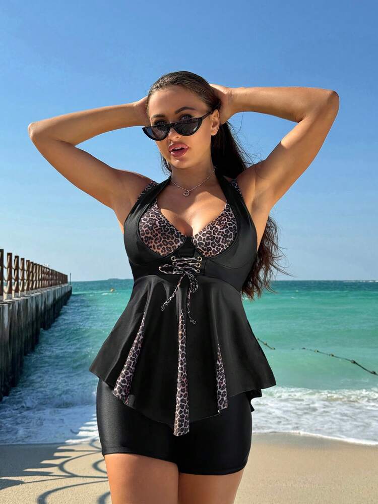 Summer Women's Leopard Print Splice Halter Tankini Set