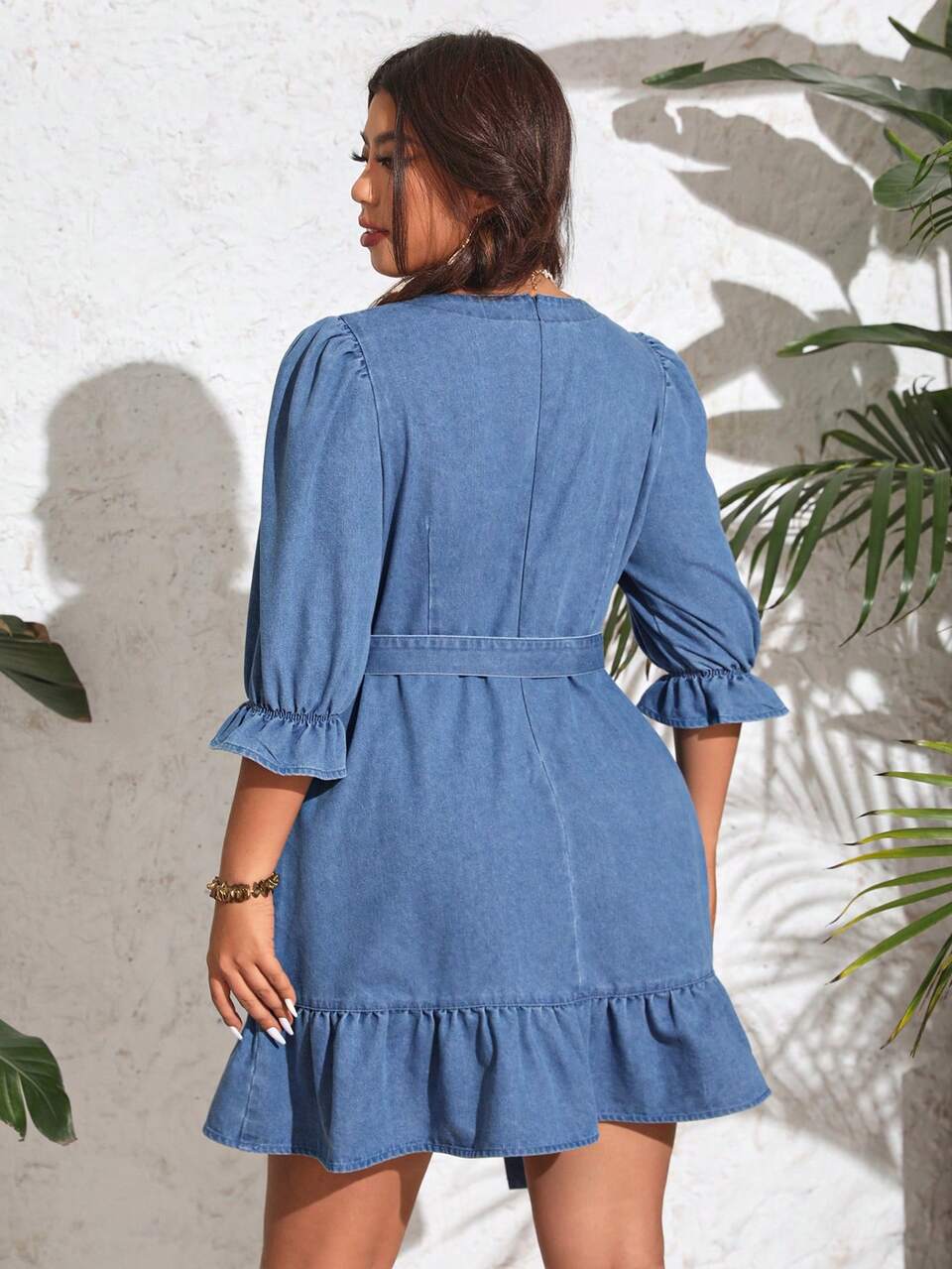 Plus Size V-Neck Denim Dress With Ruffled Hem And No Stretch