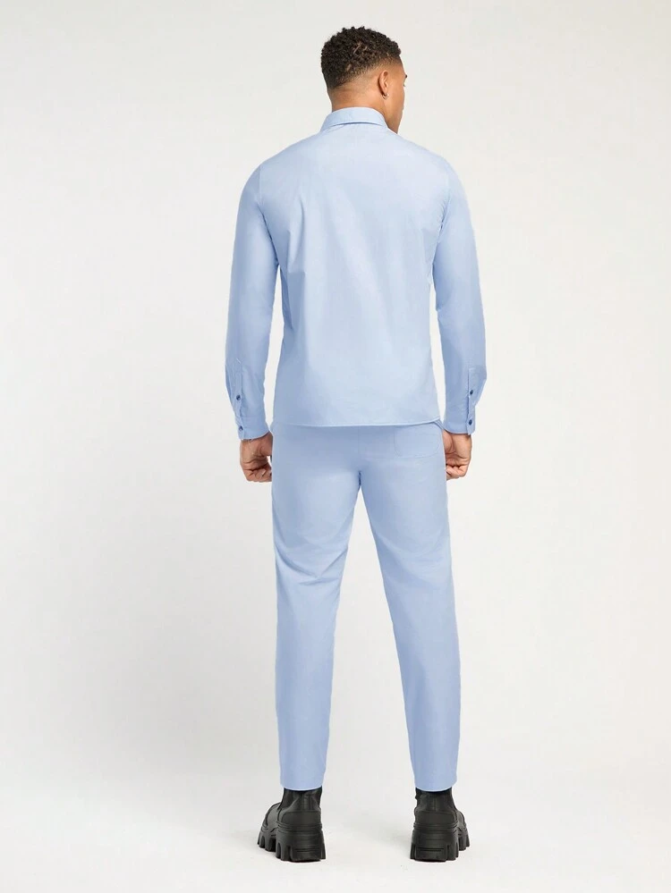 Men's Spring And Summer Casual Fit Light Blue Shirt And Trousers Two-Piece Set